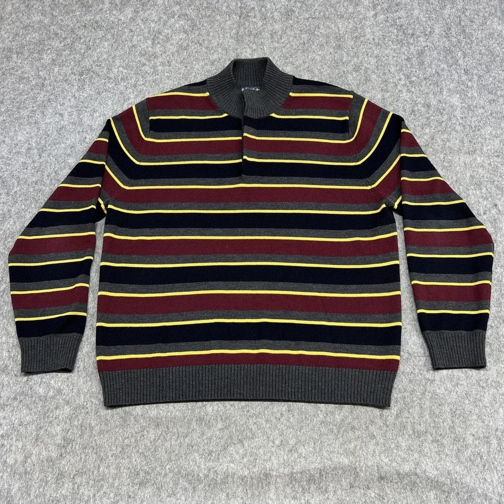 Brooks Brothers Sweater Mens XL Stripe Mock Neck Henley Extra Fine Merino Wool‎